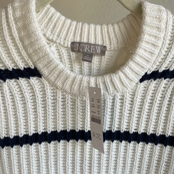J. Crew Women's Cream and Navy Striped Crew Neck Sweater - Picture 2 of 3